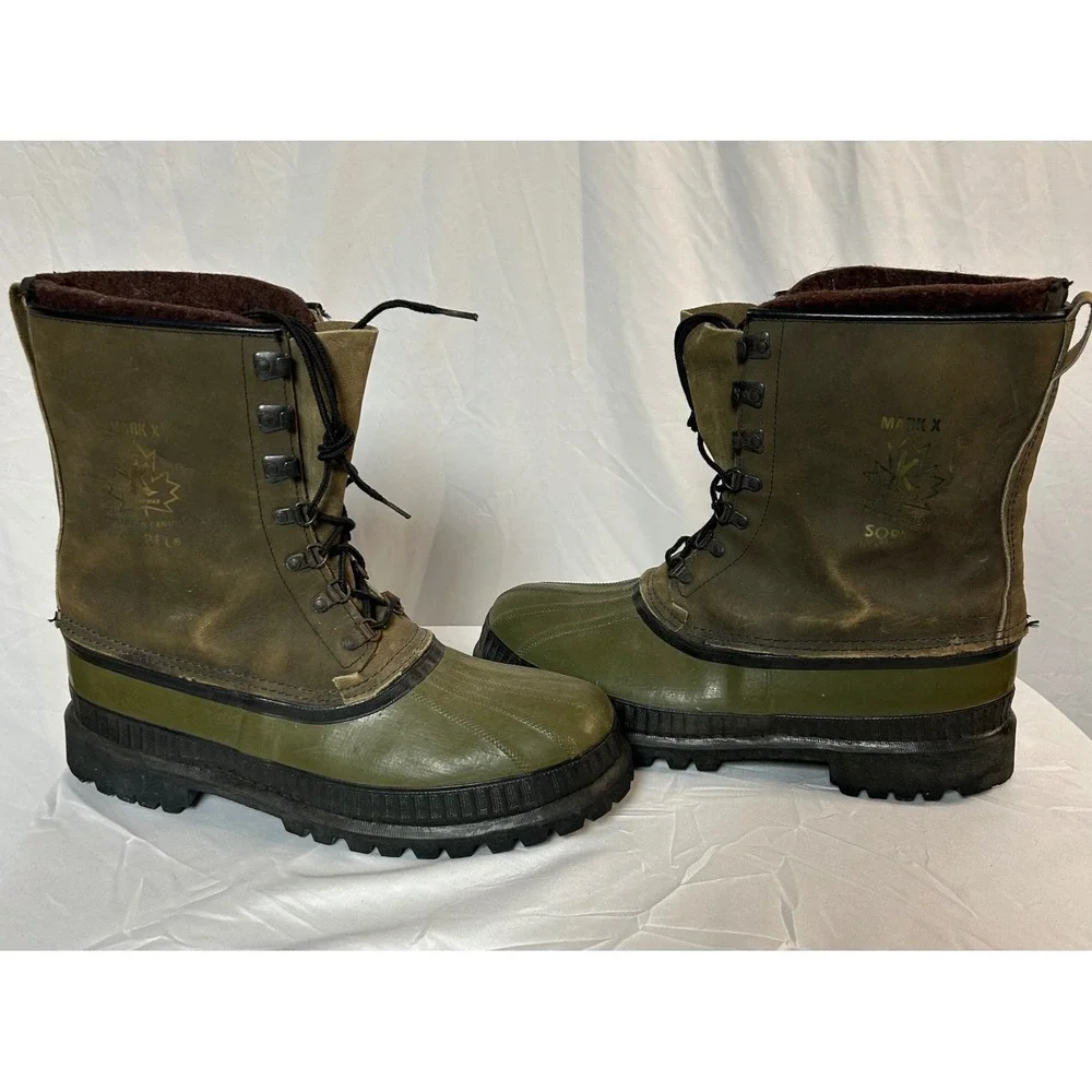 Vintage Sorel Mark X Kaufman Boots Olive Green Wool Liner Vibram Sole Canada 12